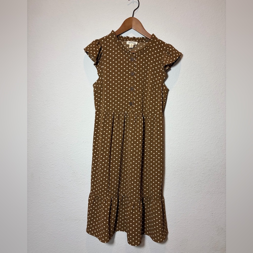 Monteau Cottage Core Brown Polka Dot Midi Dress